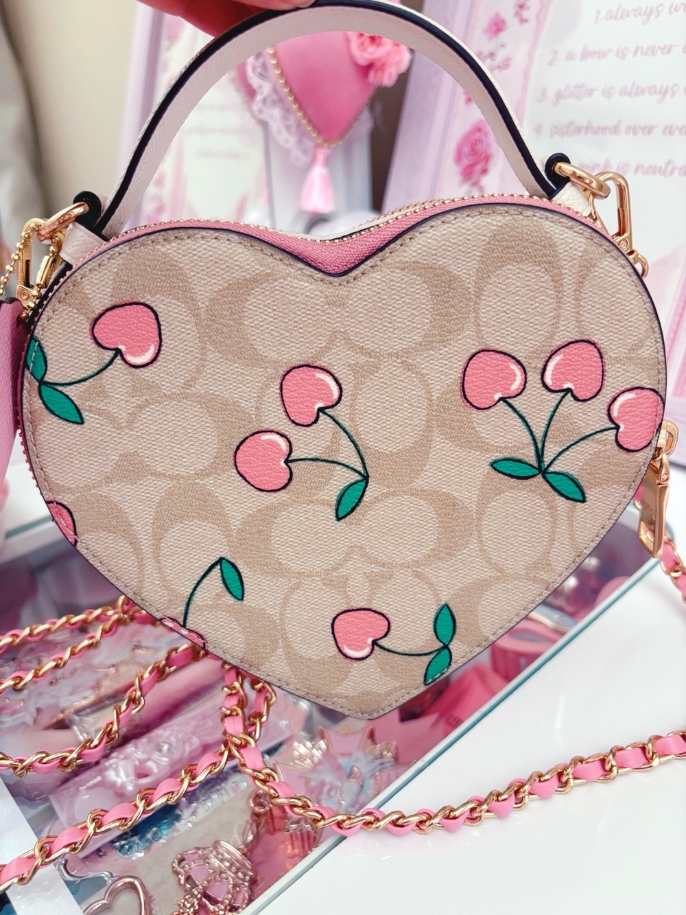 Coach Beige Signature Heart Crossbody with Pink Cherry Print - Picture 3 of 6